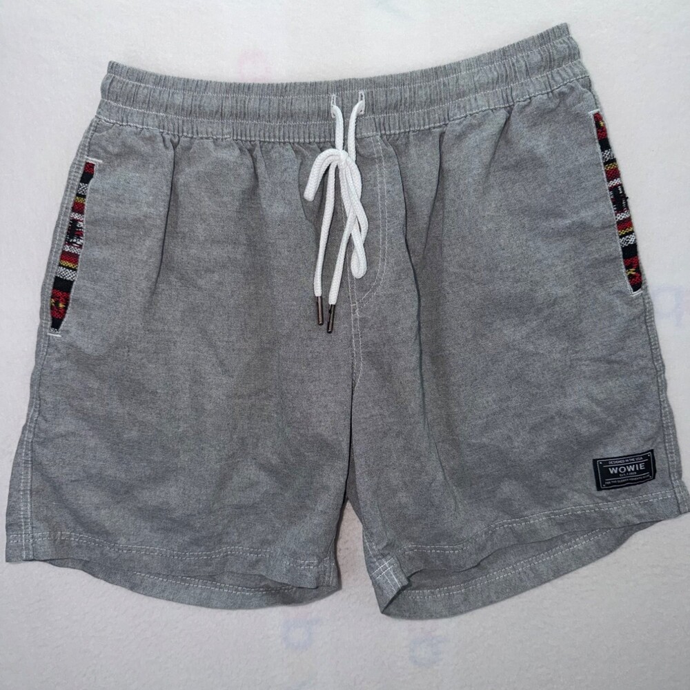 Wowie OG Shorts Mens L Gray Heather Drawstring Casual Tribal Aztec Pocket Trim